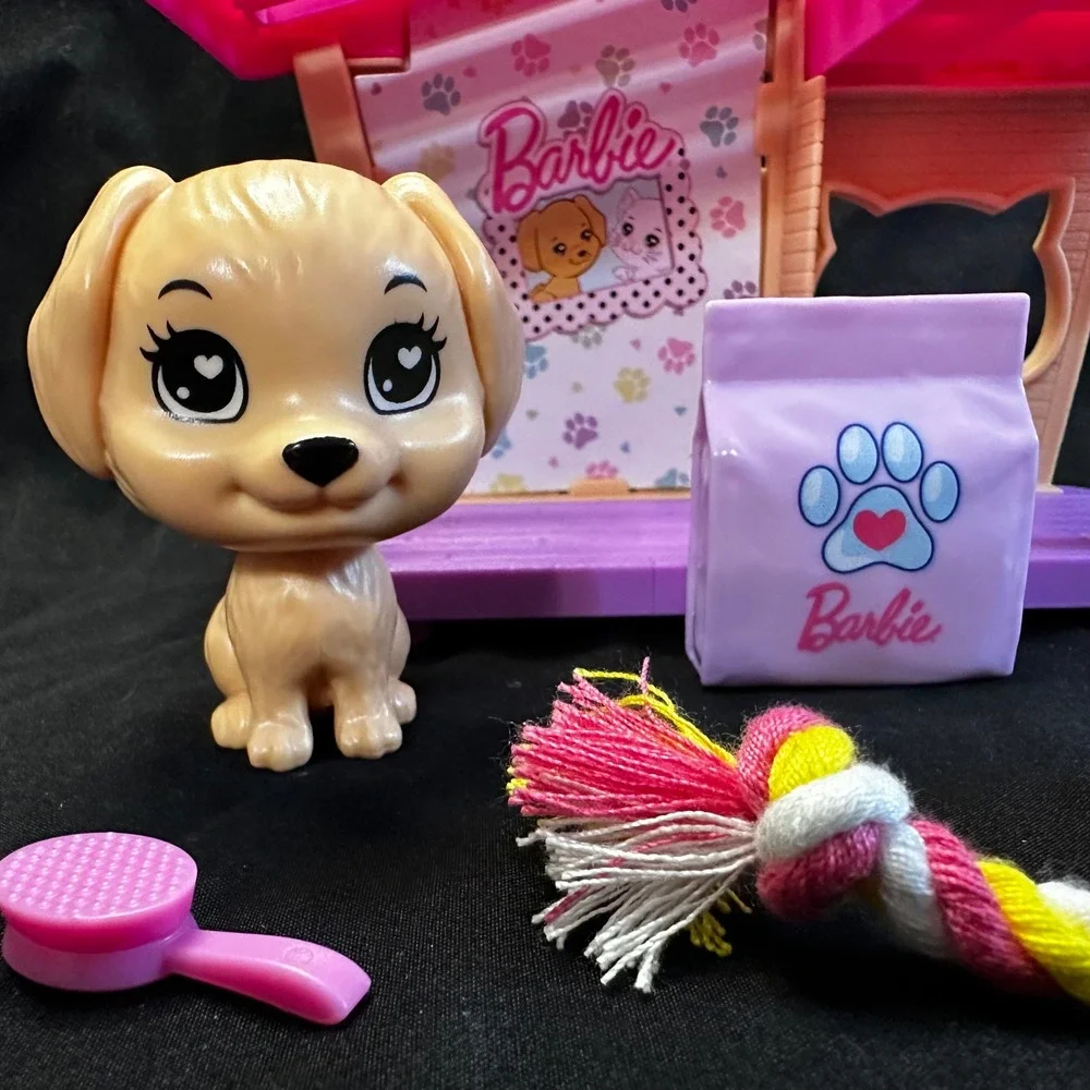 Barbie Pet Care Play Set Tan Puppy‎ Dog House Food Bowls Grooming Brush Toys